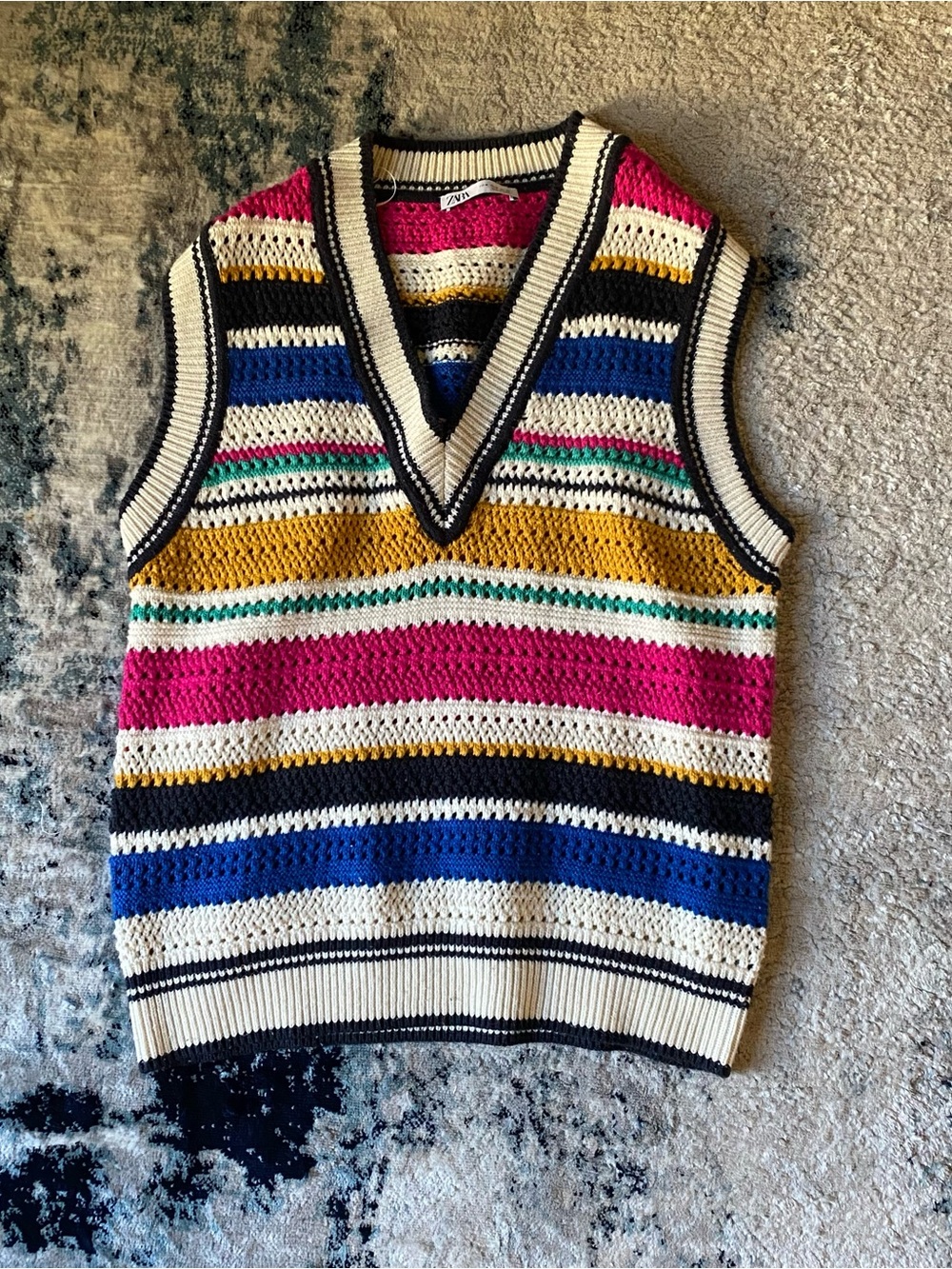 Zara Multicolor Striped Crochet V-Neck Sweater Vest
